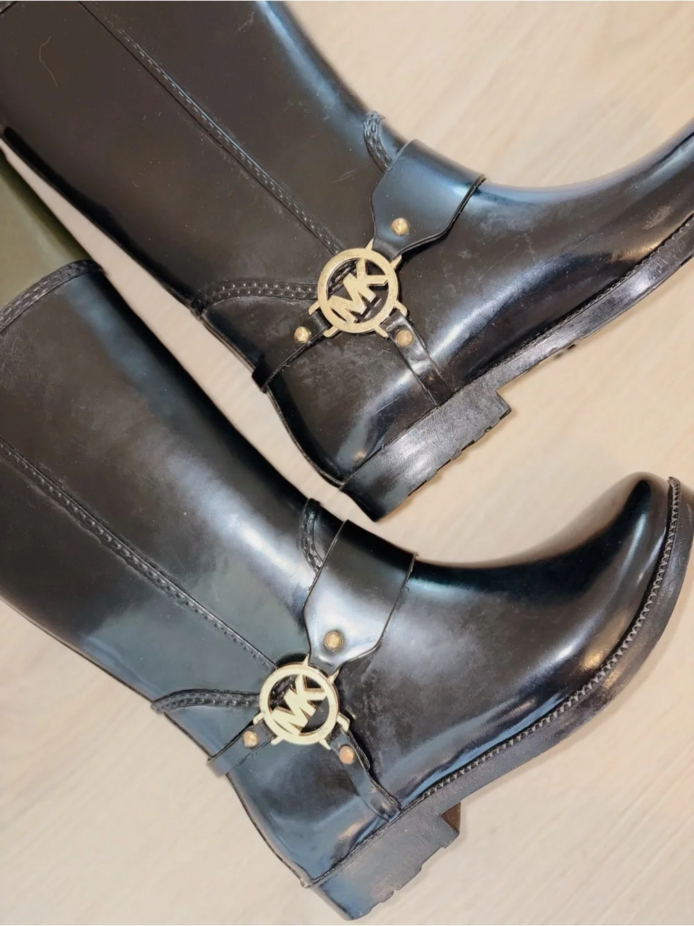 Michael Kors Fulton Harness Black Riding Boot with Olive Cuff and Gold Hardware
